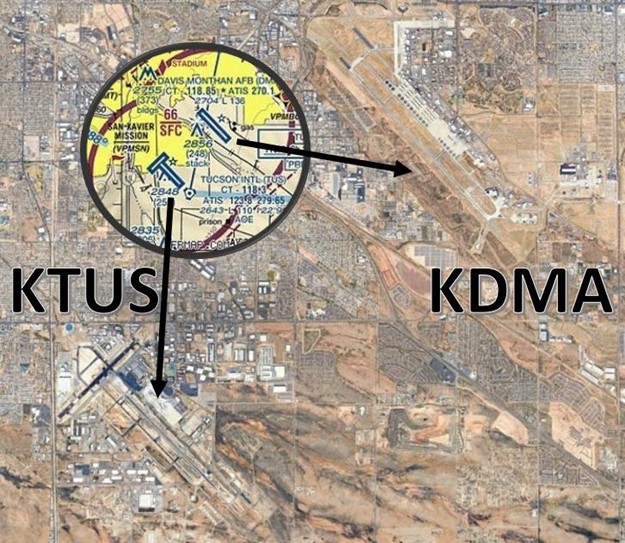 Image shows proximity of TUS to DMA and opportunity for wrong airport landing. 