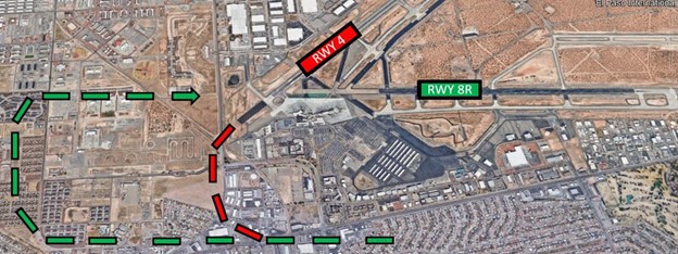 Wrong Surface Landing Risk exists at ELP. 	Pilots approaching from the east/southeast on a right downwind for RWY 8R should be aware that RWY 4 comes into view on base leg.