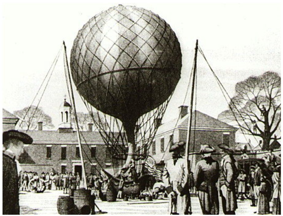 A rendering of Jean-Pierre Blanchard's ascent, the first flight in America.