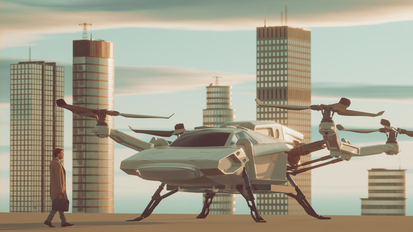 Ready for take off with eVTOL in the middle of a city stock photo