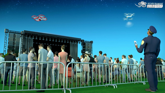 artistic rendering of the portion of UTM Field Test evaluating data correlation activities. A crowd of people watches an outdoor concert while a public safety official monitors UAS activities nearby.