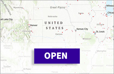 mapy showing a portion of the United State, with a button labeled "open" in the center
