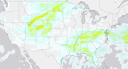 GTG3 forecast screenshot sample depicting areas of turbulence over the continental United States.