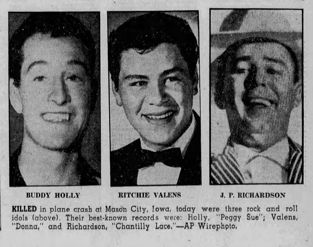 Rock and roll stars Buddy Holly, Ritchie Valens and J.P. Richardson were killed in a chartered plane crash at Mason City, Iowa, on Feb. 3, 1959.