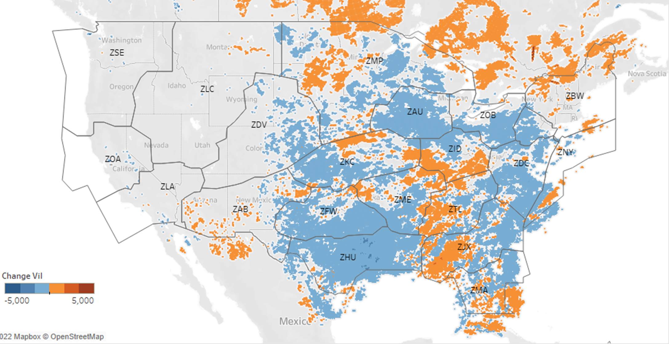 Map of weather patterns across the United States. January to July 2022 vs. January to July 2017-2019 baseline