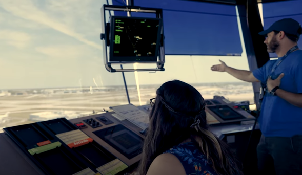 Controllers at work in an air traffic control tower.