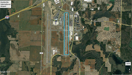 Huntsville International Airport and proposed reentry site.