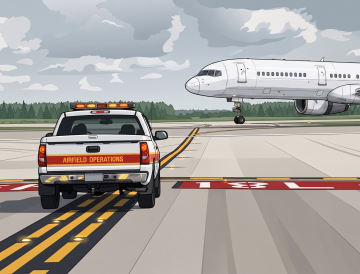 An illustration of an airport operations vehicle on the runway with an aircraft