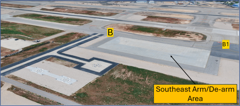 The SE and SW Arm/De-arm pads are sometimes utilized as run-up areas but may be unavailable during military operations.