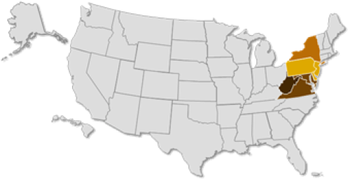 US map showing the states/territories that make up the Eastern Region: Delaware, Maryland, New Jersey, New York, Pennsylvania, Virginia, West Virginia, and the District of Columbia