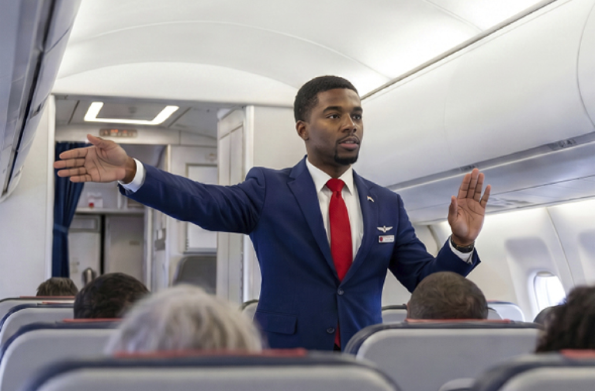 a flight attendant leading passenger evacuations