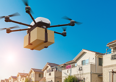 Illustration of a drone delivering a package