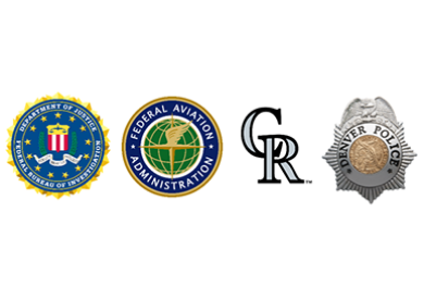 Logos for FBI, FAA, Colorado Rockies and Denver Police
