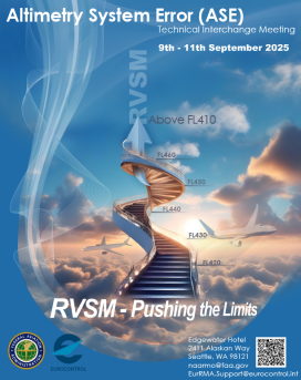 A graphic depicting a spiral staircase above clouds with aircraft passing behind the staircase with the concept of and arrow rising from the staircase for RVSM flight levels above 41,000 feet